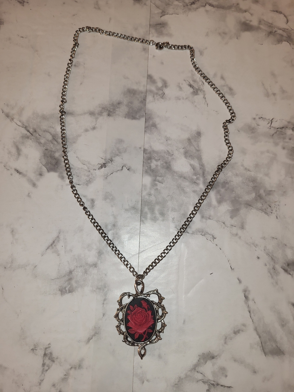 Vintage-Inspired Silver Necklace with Red Rose Pendant